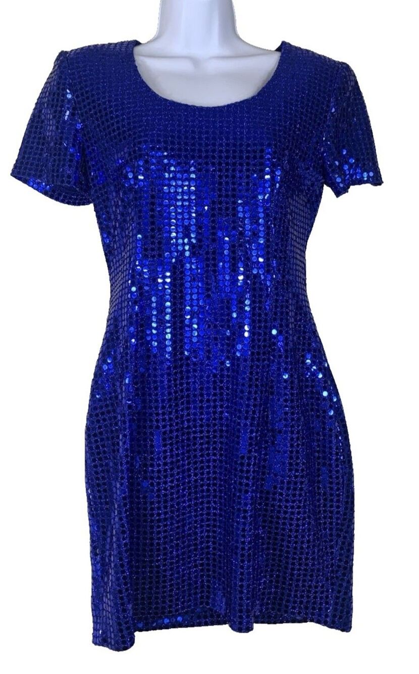 VTG Blue Sequin Gown 80s 90s Roberta Dress Size 7/8  Formal Cocktail Party Disco